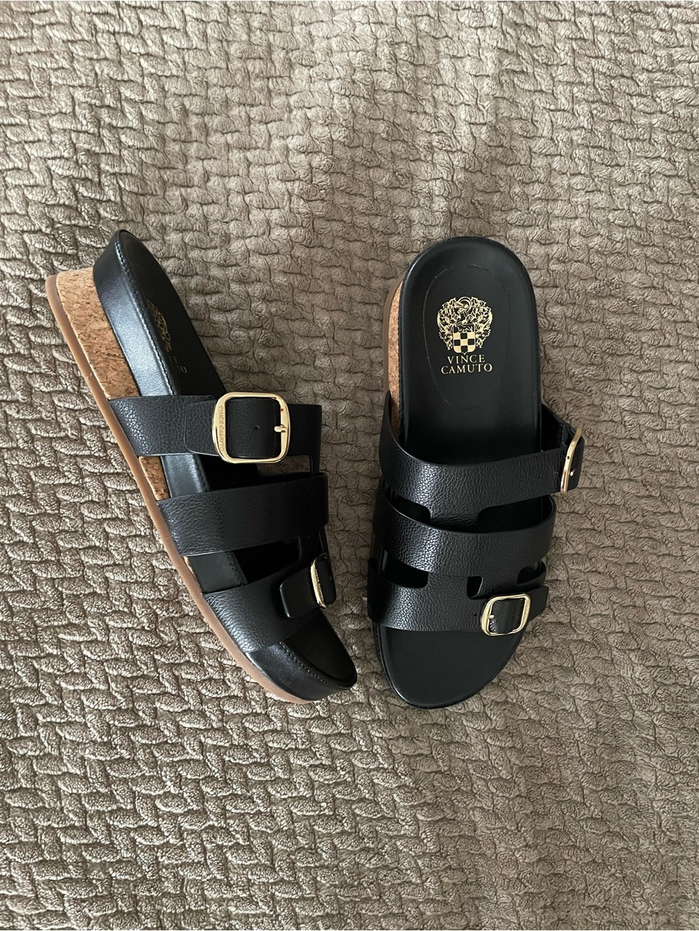 Vince Camuto Black Leather Slide Sandals with Gold Buckles